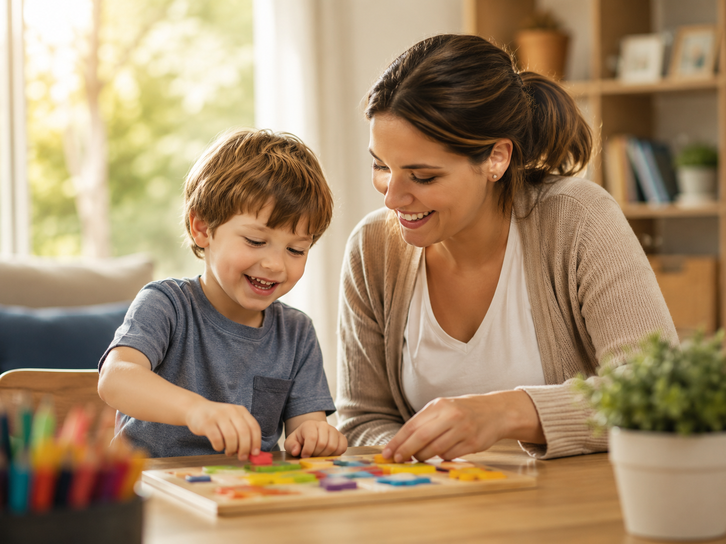 Caregiver reading a book with a young child by a sunlit window